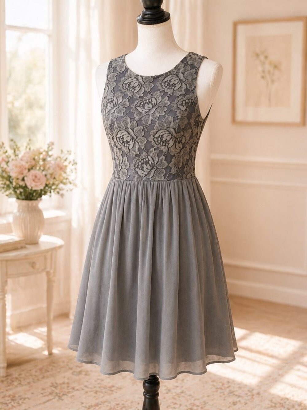 Altar’d State Gray Lace Fit & Flare Dress, Romantic Sleeveless Midi, Size M, EUC - Picture 11 of 12